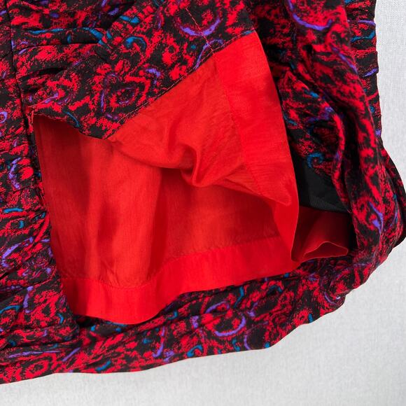 RAUL BLANCO Vintage 80s Silk Pencil Skirt 12 Red Multi Scrunch Ruched Printed - Picture 10 of 15